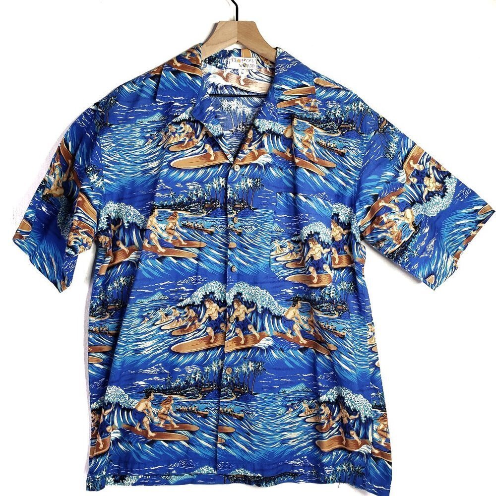 Tropical World Surfer Dude Hawaiian‎ Short Sleeve Button Down Shirt L Blue Top